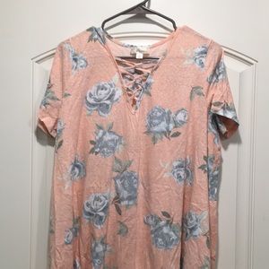 Floral criss-cross V neck tunic t-shirt
